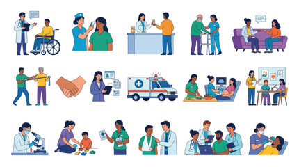 Fototapeta premium Flat Style Medical Professionals and Healthcare Scenes Vector Icons
