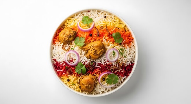 Delicious mixed rice dish with chicken meat and vegetables in a white bowl overhead