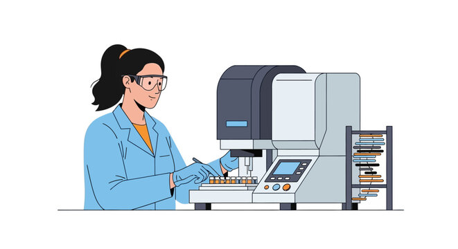 Professional Female Scientist Conducting Medical Research with Laboratory Equipment and DNA Sequencing Machine Flat Vector Illustration
