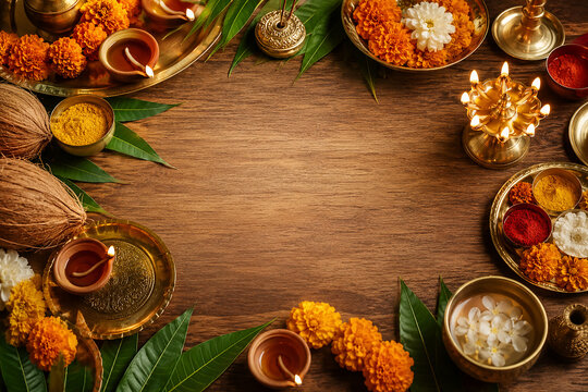 Rustic wooden background with traditional Indian festival decorations, marigold flowers, diyas and festive copy space