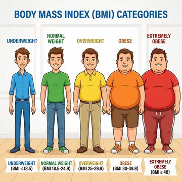 Body mass index BMI categories illustration with cartoon men