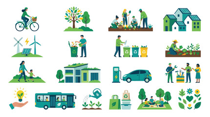 Fototapeta premium Flat Vector Icons Set: Eco-Friendly Lifestyle, Renewable Energy, Sustainability
