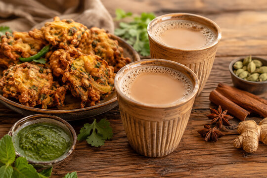 Traditional Indian masala chai served in clay cups with aromatic spices, authentic tea culture and rustic wooden table setting