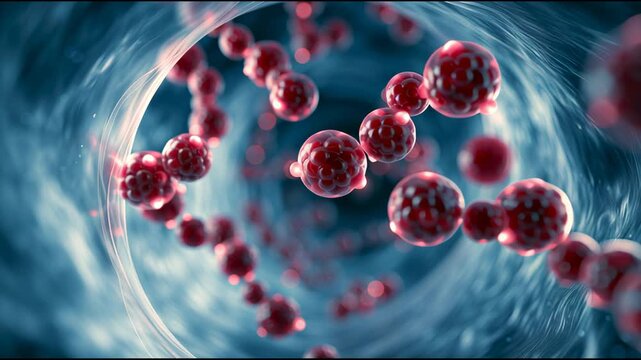 Molecules glow and flow in a digital space, showing details of their movement and structure. This animation focuses on hormones.