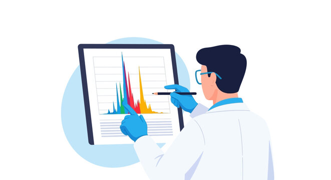 Laboratory Scientist Analyzing Research Data and Chromatogram Spectrum Graph on Digital Tablet, Professional Scientific Vector Illustration