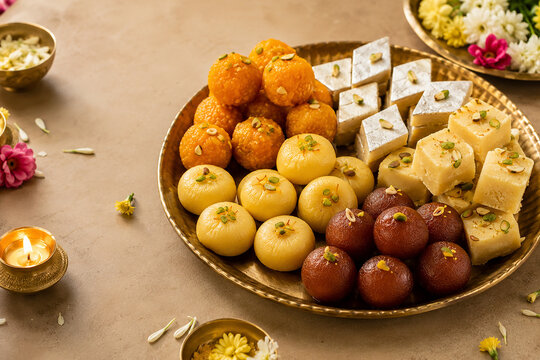 Assorted Indian traditional sweets including laddu, barfi and festive mithai on elegant serving platter for celebrations and festivals