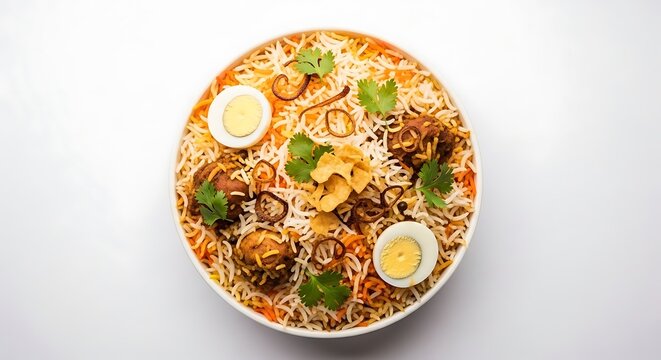 Delicious plate of rice with meat eggs and herbs on a plain white surface