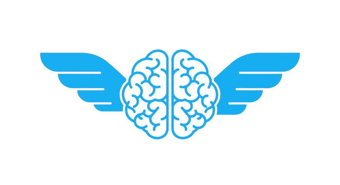 Minimalist Blue Brain with Wings Vector Icon - Concept for Intellectual Freedom, Creative Thinking, and Mental Health Inspiration
