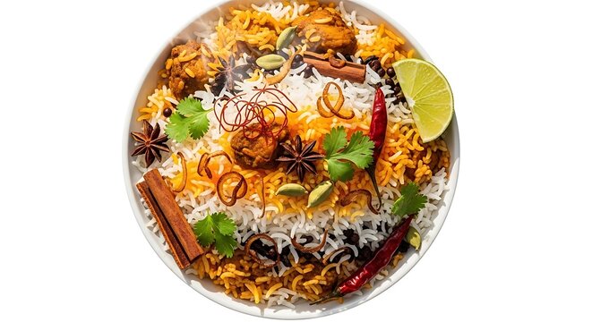 Delicious plate of rice with spices and herbs and chicken pieces on white background