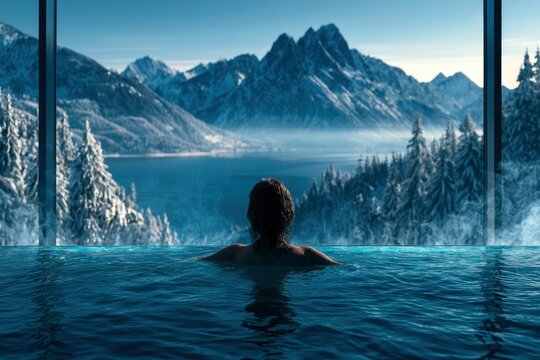 Infinity pool woman relaxing with scenic view of snowy mountains in winter luxury resort cinematic photography for travel advertising
