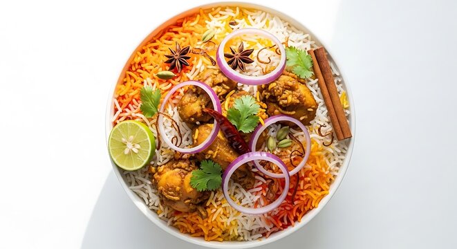 Delicious plate of spicy chicken biryani with rice onions and lime on white surface