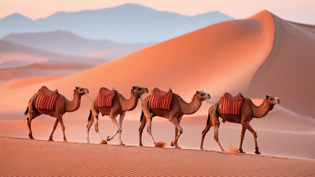 Camel caravan walks across desert dunes during warm sunset light Generative AI