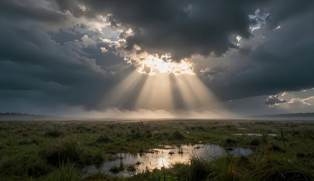 Sunlight rays breaking through dark clouds