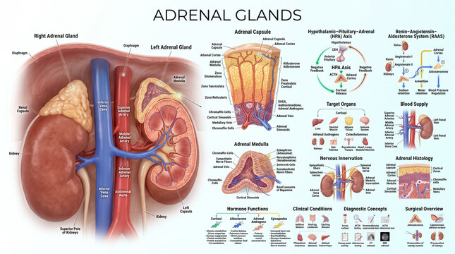 Detailed educational medical chart showing the anatomy and physiology of human adrenal glands with labeled structures and biological hormonal pathways