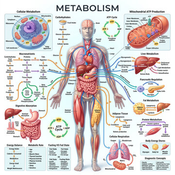 Detailed human anatomy infographic showing metabolic processes including cellular respiration atp production digestion and hormonal regulation within the entire body