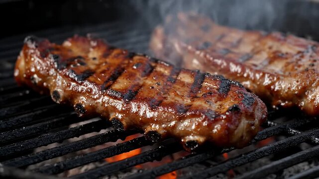 Grilled pork ribs cooking on a hot charcoal barbecue grill with rising smoke steam