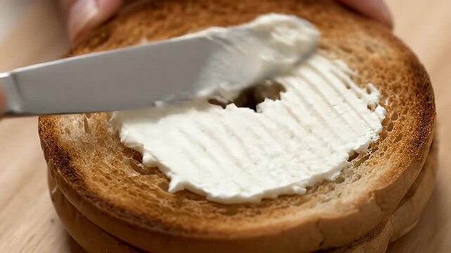 Cream cheese spreading on a toasted bagel with a metal knife for breakfast meal