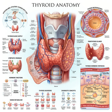 Detailed medical educational poster showing the complex human thyroid gland anatomy with hormonal synthesis pathways and various clinical disorder classifications