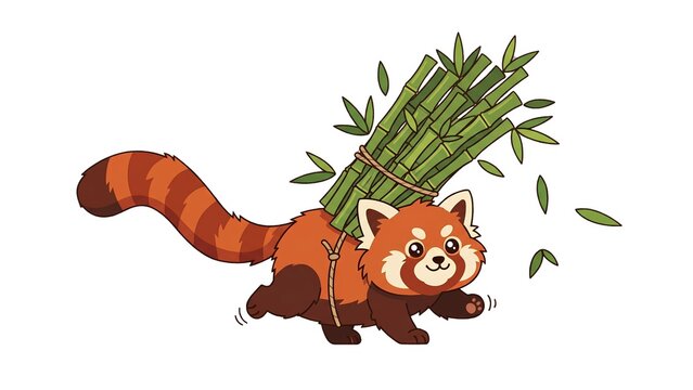Cute Cartoon Red Panda Carrying a Large Bundle of Green Bamboo Stems on its Back