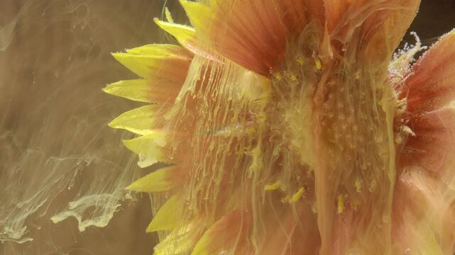 Extreme close-up showing sunflower petals beside orange central disk partially submerged in sticky liquid, with translucent filaments, glossy droplets, warm tones, and fine natural texture