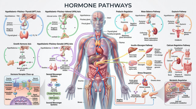 Detailed medical illustration showing human endocrine system hormone pathways with labeled internal organs and complex biological signal regulation feedback loops