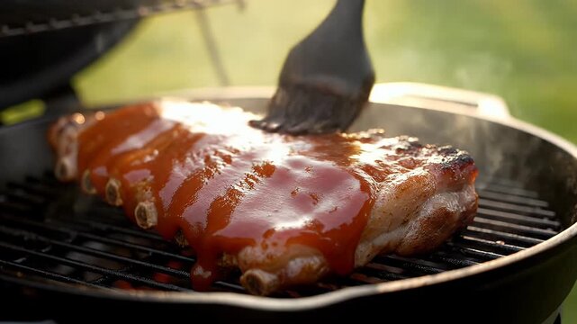 Barbecue pork ribs glazed with thick red sauce on a hot grill with a basting brush
