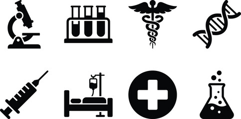 Obraz premium Set of black medical and scientific icons featuring microscope, laboratory equipment, dna strand, healthcare symbols, and hospital care