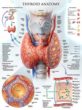 Detailed medical illustration showing the anatomy of the human thyroid gland with labels explaining hormonal synthesis and clinical diagnostic functions