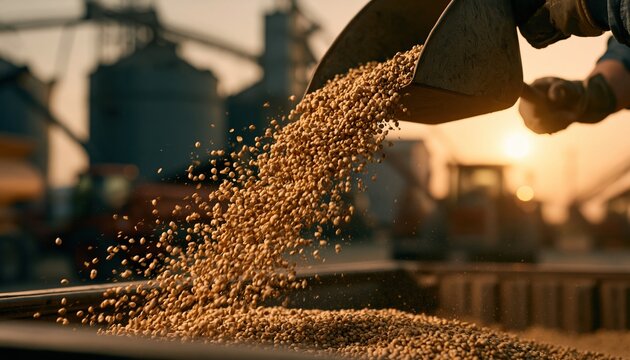 Grain pouring from a shovel in a sunlit farmyard