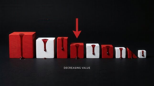 Group red white wooden blocks arranged A minimalist graph with arrow pointing down