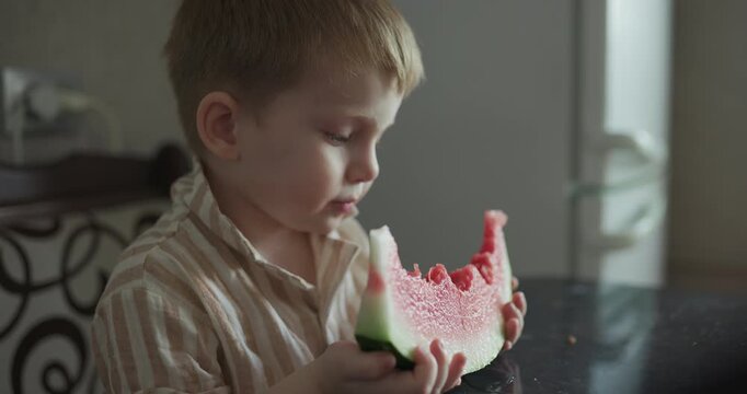 Cute toddler child biting juicy red watermelon at home kitchen