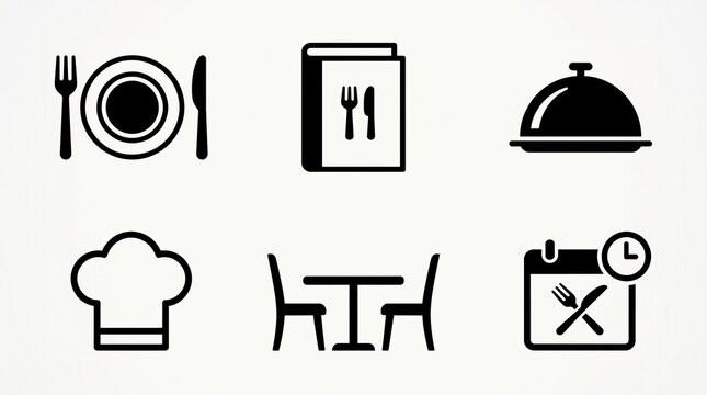 Minimalist black restaurant icons showing plate, menu, serving dish, chef hat, seating, and schedule.