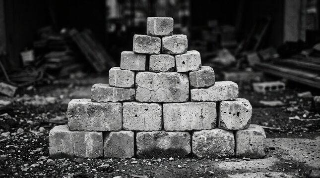 Close-up group concrete blocks arranged triangular Stylized architecture with acute angles beneath a cloudy sky