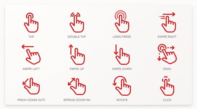 Minimalist red touchscreen gesture icons showing tap, swipe, zoom, rotate, and click interactions.
