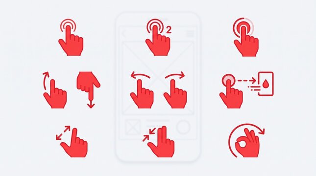 Minimalist red touchscreen gesture icons showing tap, swipe, pinch, zoom, rotate, and drag actions.