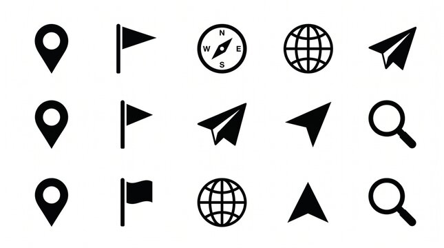 Minimalist black navigation icons with pin, flag, compass, globe, airplane, and magnifying glass.