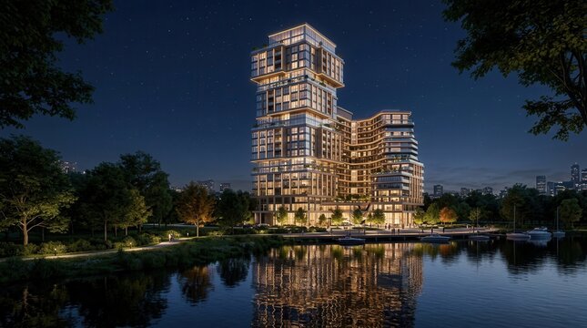 3D rendering modern high-rise building night A collection of model office towers arranged by ascending height
