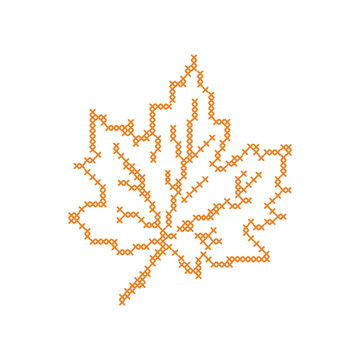 Cross stitch embroidery autumn maple leaf. Vintage pixelated needlework seasonal graphic element vector illustration isolated on white background.