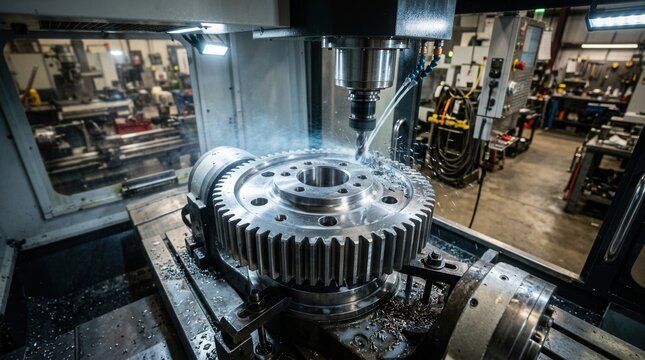 Close-up CNC Computer Numerical Control machine Five axis arm Producing precision turbine wheel part