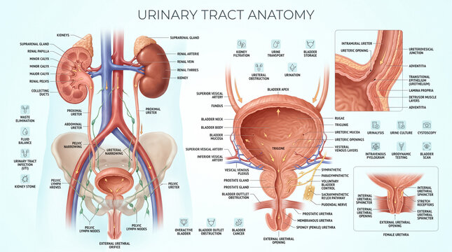 Detailed anatomical illustration showing the human urinary tract system including kidneys bladder and urethra with clear labels for medical education