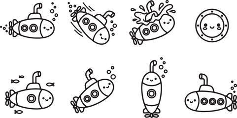 Fototapeta premium Kawaii submarine vector icons set, cute cartoon underwater boat characters in black outline, 8 nautical submarine stickers for kids coloring isolated on Transparent Background