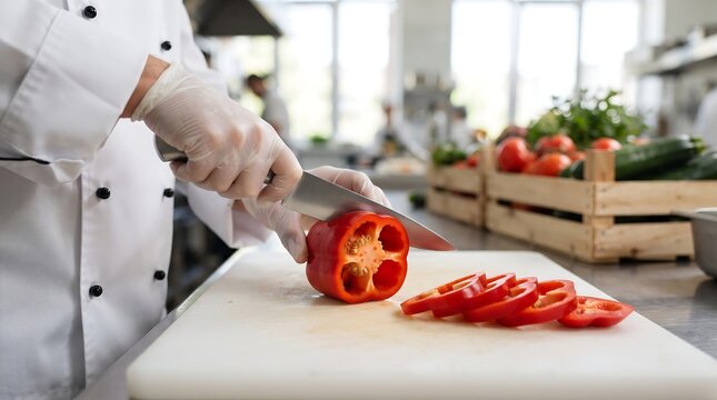 Professional chef in white uniform wearing protective gloves slicing fresh red bell pepper on white cutting board in commercial kitchen environment with blurry background