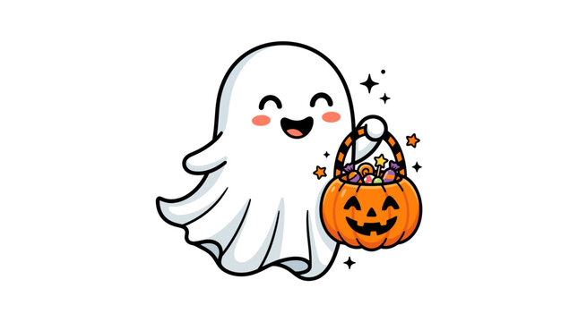 Cute halloween ghost holding a pumpkin basket filled with candy