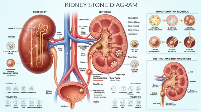 Detailed medical diagram illustrating human kidney stone formation sequence anatomy obstruction hydronephrosis symptoms diagnostic procedures and various effective treatment prevention methods