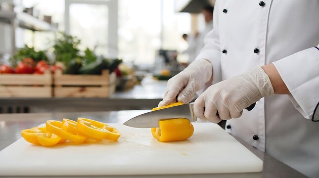 Chef in professional uniform slicing fresh yellow bell pepper on white cutting board in restaurant kitchen with blurry background