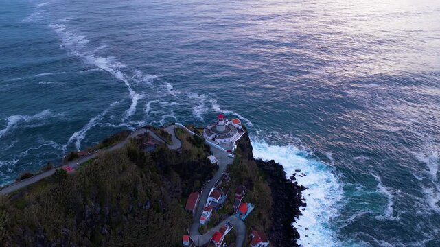 Aerial View Of Farol da Ponta do Arnel At Sunrise In Nordeste On S&atilde;o Miguel Island In The Azores, Portugal.