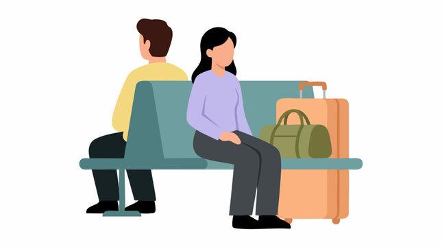 Two travelers sitting on a bench with luggage, waiting to depart