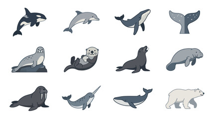 Collection of various marine mammals icons. © Sri