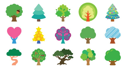 Fototapeta premium Collection of stylized trees in various shapes and colors, representing nature and growth.