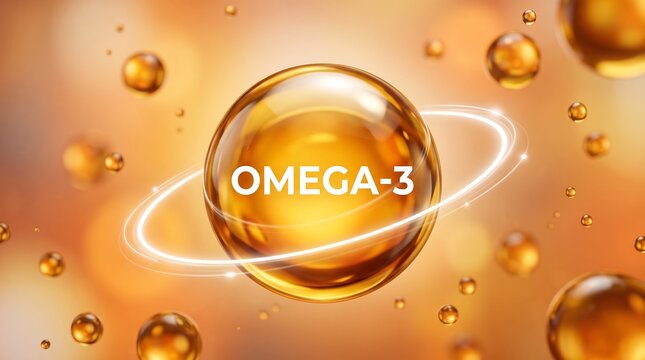 Floating golden omega 3 oil capsule in liquid environment with abstract light bubbles and glowing rings for dietary supplement and healthy heart nutrition advertisement background